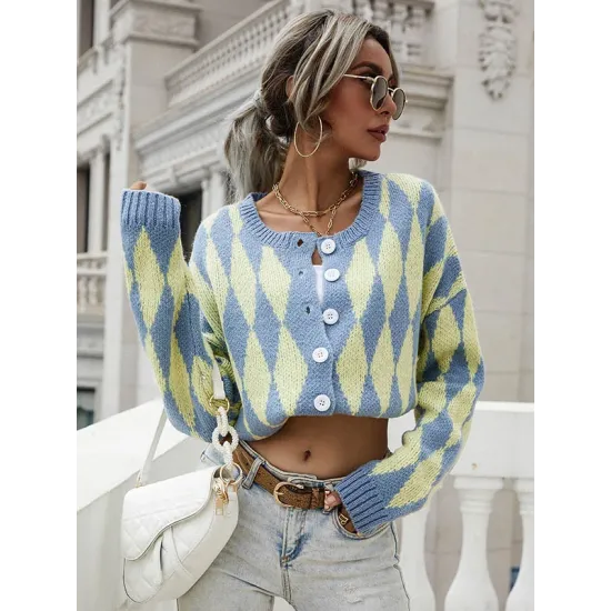 Vintage Loose Buttoned Contrast Color Cardigan Top Vintage Loose Buttoned Contrast Color Cardigan Top