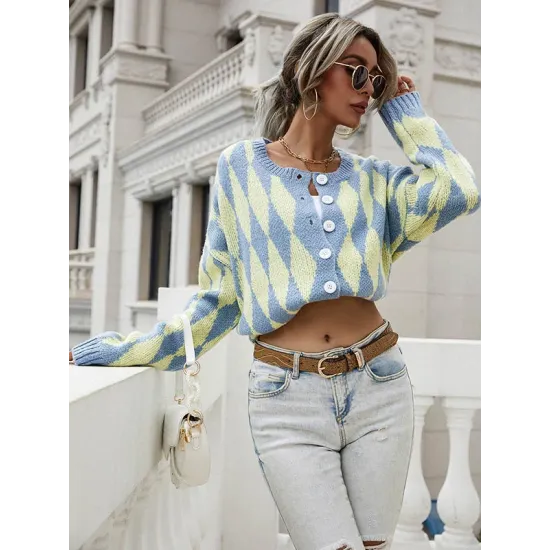 Vintage Loose Buttoned Contrast Color Cardigan Top Vintage Loose Buttoned Contrast Color Cardigan Top