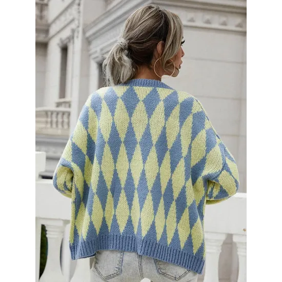 Vintage Loose Buttoned Contrast Color Cardigan Top Vintage Loose Buttoned Contrast Color Cardigan Top