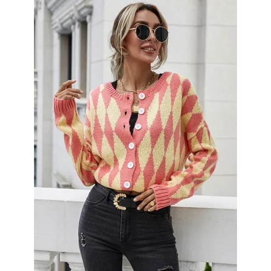 Vintage Loose Buttoned Contrast Color Cardigan Top Vintage Loose Buttoned Contrast Color Cardigan Top
