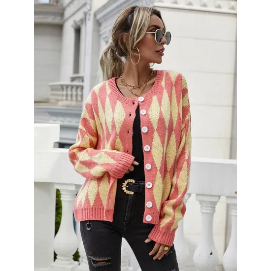 Vintage Loose Buttoned Contrast Color Cardigan Top Vintage Loose Buttoned Contrast Color Cardigan Top