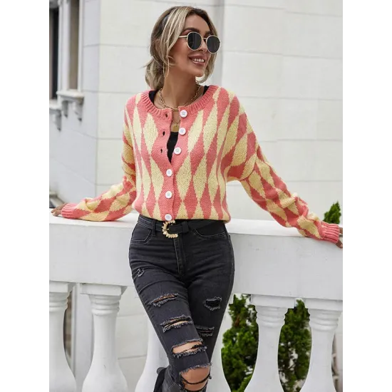 Vintage Loose Buttoned Contrast Color Cardigan Top Vintage Loose Buttoned Contrast Color Cardigan Top