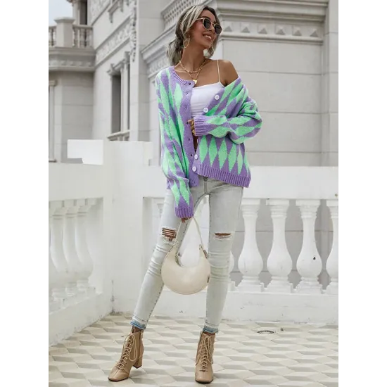 Vintage Loose Buttoned Contrast Color Cardigan Top Vintage Loose Buttoned Contrast Color Cardigan Top