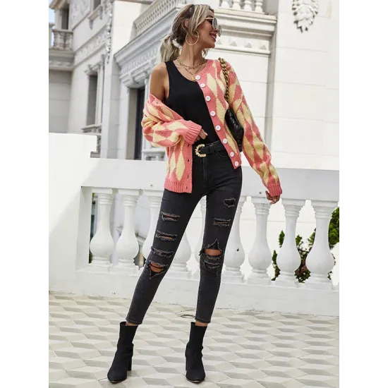 Vintage Loose Buttoned Contrast Color Cardigan Top Vintage Loose Buttoned Contrast Color Cardigan Top