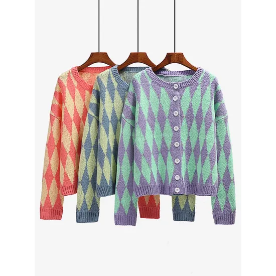 Vintage Loose Buttoned Contrast Color Cardigan Top Vintage Loose Buttoned Contrast Color Cardigan Top