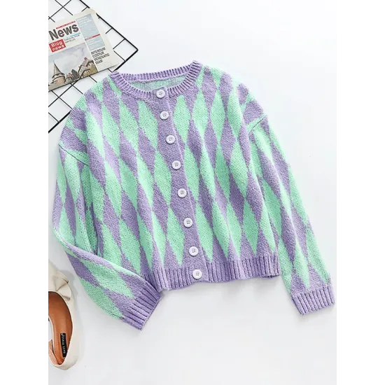 Vintage Loose Buttoned Contrast Color Cardigan Top Vintage Loose Buttoned Contrast Color Cardigan Top