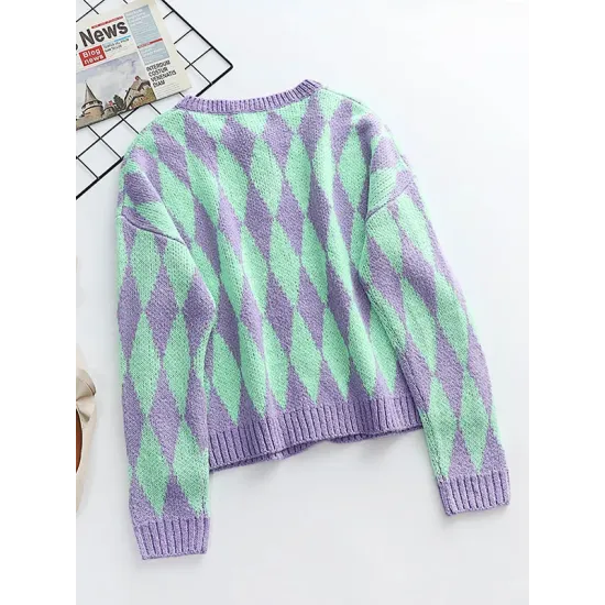 Vintage Loose Buttoned Contrast Color Cardigan Top Vintage Loose Buttoned Contrast Color Cardigan Top
