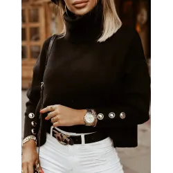 Casual Loose Solid Color High-Neck Long Sleeves Knitwear