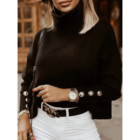 Casual Loose Solid Color High-Neck Long Sleeves Knitwear Casual Loose Solid Color High-Neck Long Sleeves Knitwear