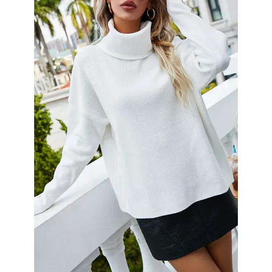 Casual Loose Solid Color High-Neck Long Sleeves Knitwear Casual Loose Solid Color High-Neck Long Sleeves Knitwear