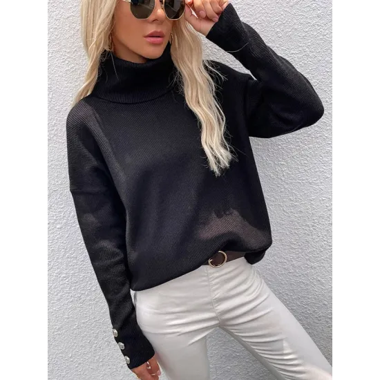 Casual Loose Solid Color High-Neck Long Sleeves Knitwear Casual Loose Solid Color High-Neck Long Sleeves Knitwear