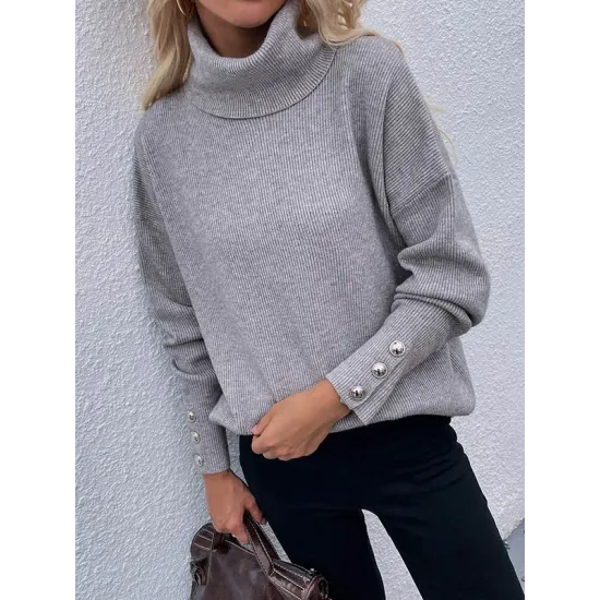 Casual Loose Solid Color High-Neck Long Sleeves Knitwear Casual Loose Solid Color High-Neck Long Sleeves Knitwear