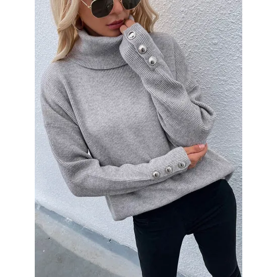 Casual Loose Solid Color High-Neck Long Sleeves Knitwear Casual Loose Solid Color High-Neck Long Sleeves Knitwear