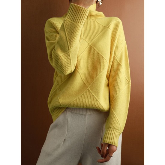 Casual Loose Solid Color Striped High-Neck Long Sleeves Sweater Tops Casual Loose Solid Color Striped High-Neck Long Sleeves Sweater Tops