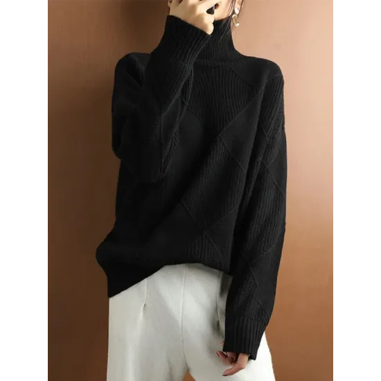 Casual Loose Solid Color Striped High-Neck Long Sleeves Sweater Tops Casual Loose Solid Color Striped High-Neck Long Sleeves Sweater Tops