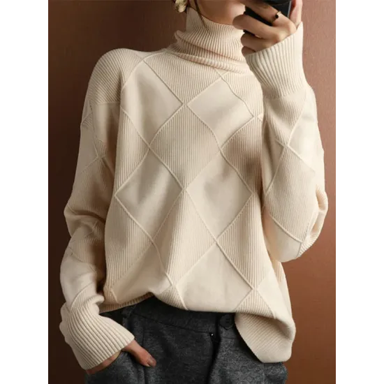 Casual Loose Solid Color Striped High-Neck Long Sleeves Sweater Tops Casual Loose Solid Color Striped High-Neck Long Sleeves Sweater Tops