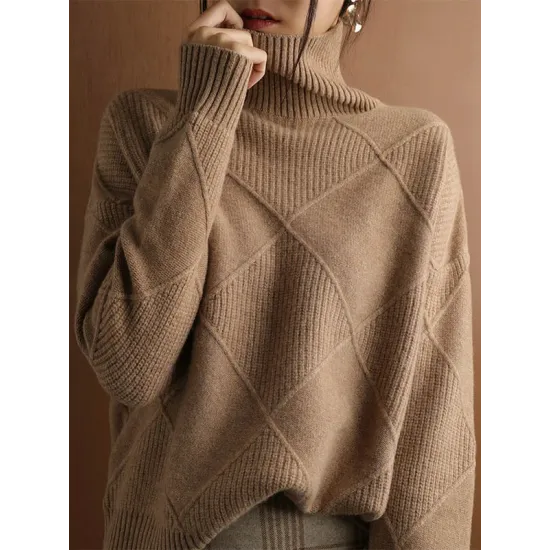 Casual Loose Solid Color Striped High-Neck Long Sleeves Sweater Tops Casual Loose Solid Color Striped High-Neck Long Sleeves Sweater Tops