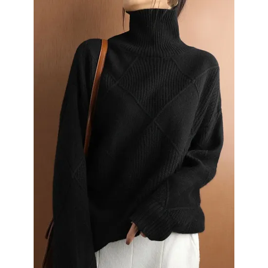 Casual Loose Solid Color Striped High-Neck Long Sleeves Sweater Tops Casual Loose Solid Color Striped High-Neck Long Sleeves Sweater Tops