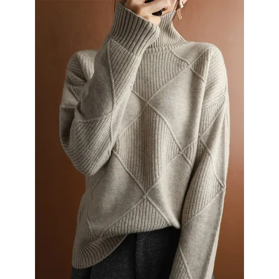 Casual Loose Solid Color Striped High-Neck Long Sleeves Sweater Tops Casual Loose Solid Color Striped High-Neck Long Sleeves Sweater Tops