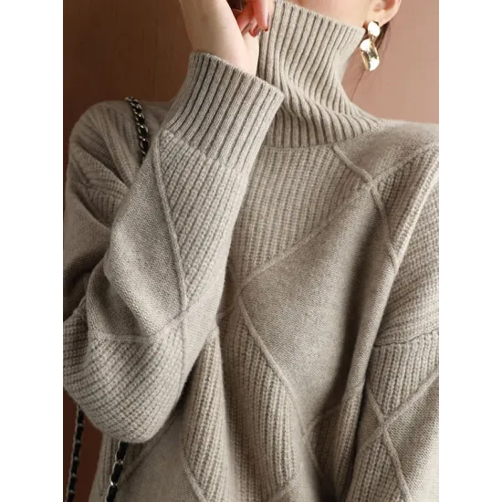 Casual Loose Solid Color Striped High-Neck Long Sleeves Sweater Tops Casual Loose Solid Color Striped High-Neck Long Sleeves Sweater Tops
