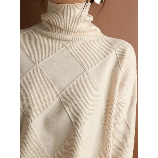 Casual Loose Solid Color Striped High-Neck Long Sleeves Sweater Tops Casual Loose Solid Color Striped High-Neck Long Sleeves Sweater Tops