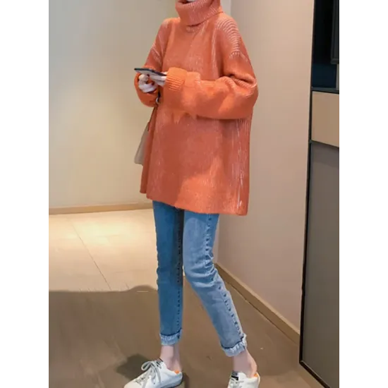 Original Loose Contrast Color High-Neck Long Sleeves Sweater Tops Original Loose Contrast Color High-Neck Long Sleeves Sweater Tops