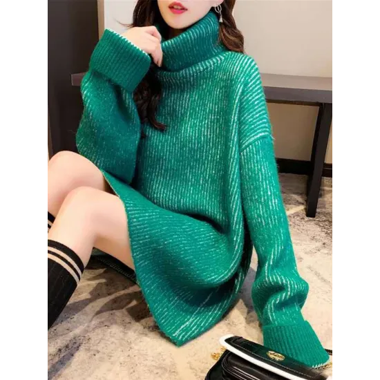 Original Loose Contrast Color High-Neck Long Sleeves Sweater Tops Original Loose Contrast Color High-Neck Long Sleeves Sweater Tops