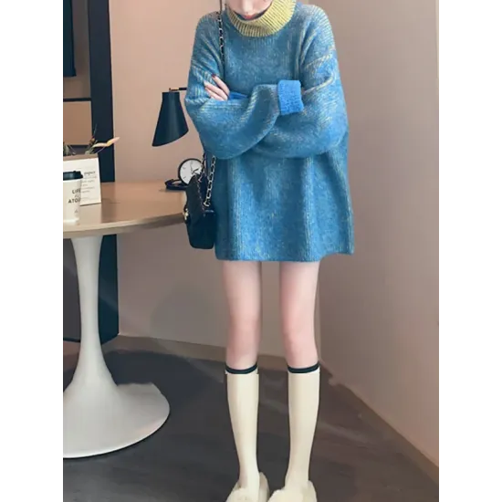 Original Loose Contrast Color High-Neck Long Sleeves Sweater Tops Original Loose Contrast Color High-Neck Long Sleeves Sweater Tops