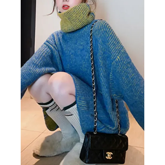 Original Loose Contrast Color High-Neck Long Sleeves Sweater Tops Original Loose Contrast Color High-Neck Long Sleeves Sweater Tops