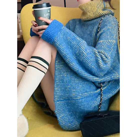 Original Loose Contrast Color High-Neck Long Sleeves Sweater Tops Original Loose Contrast Color High-Neck Long Sleeves Sweater Tops