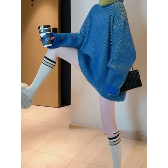 Original Loose Contrast Color High-Neck Long Sleeves Sweater Tops Original Loose Contrast Color High-Neck Long Sleeves Sweater Tops