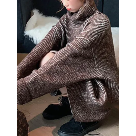 Original Loose Contrast Color High-Neck Long Sleeves Sweater Tops Original Loose Contrast Color High-Neck Long Sleeves Sweater Tops