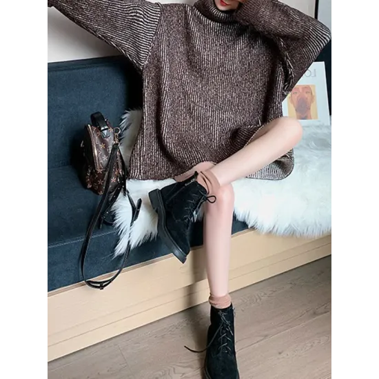 Original Loose Contrast Color High-Neck Long Sleeves Sweater Tops Original Loose Contrast Color High-Neck Long Sleeves Sweater Tops