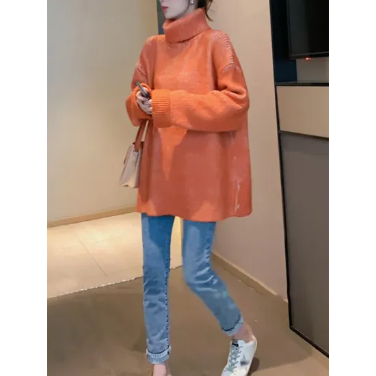 Original Loose Contrast Color High-Neck Long Sleeves Sweater Tops Original Loose Contrast Color High-Neck Long Sleeves Sweater Tops