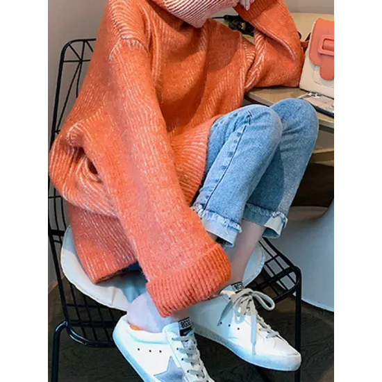 Original Loose Contrast Color High-Neck Long Sleeves Sweater Tops Original Loose Contrast Color High-Neck Long Sleeves Sweater Tops