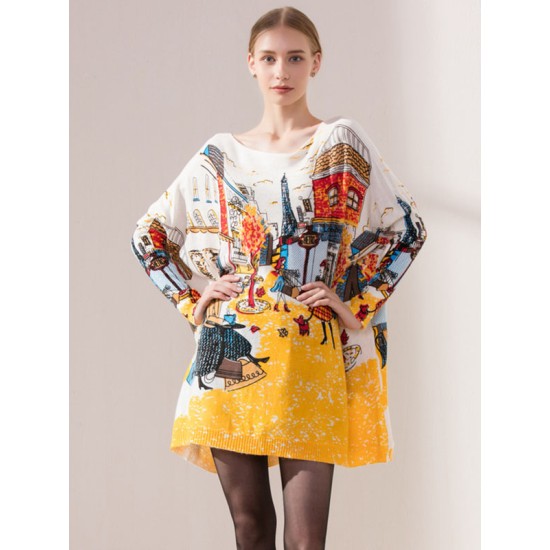 Original Loose Cartoon Printed Round-Neck Long Sleeves Sweater Dress Original Loose Cartoon Printed Round-Neck Long Sleeves Sweater Dress