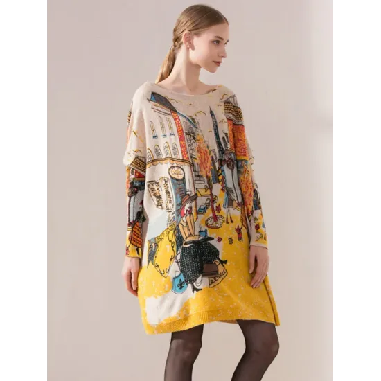 Original Loose Cartoon Printed Round-Neck Long Sleeves Sweater Dress Original Loose Cartoon Printed Round-Neck Long Sleeves Sweater Dress