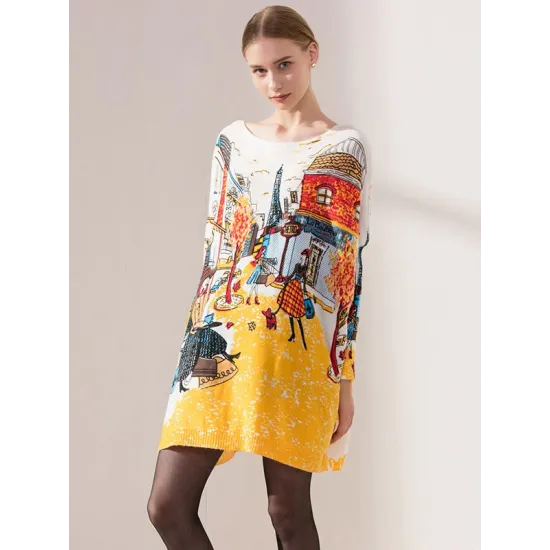 Original Loose Cartoon Printed Round-Neck Long Sleeves Sweater Dress Original Loose Cartoon Printed Round-Neck Long Sleeves Sweater Dress