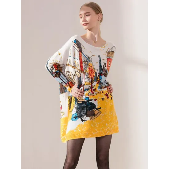 Original Loose Cartoon Printed Round-Neck Long Sleeves Sweater Dress Original Loose Cartoon Printed Round-Neck Long Sleeves Sweater Dress
