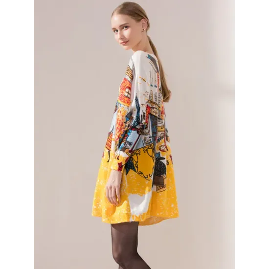 Original Loose Cartoon Printed Round-Neck Long Sleeves Sweater Dress Original Loose Cartoon Printed Round-Neck Long Sleeves Sweater Dress