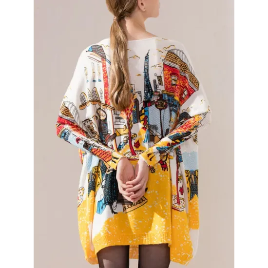 Original Loose Cartoon Printed Round-Neck Long Sleeves Sweater Dress Original Loose Cartoon Printed Round-Neck Long Sleeves Sweater Dress