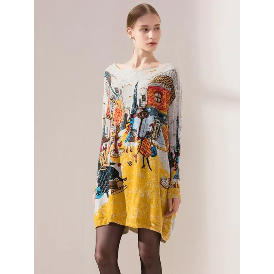 Original Loose Cartoon Printed Round-Neck Long Sleeves Sweater Dress Original Loose Cartoon Printed Round-Neck Long Sleeves Sweater Dress