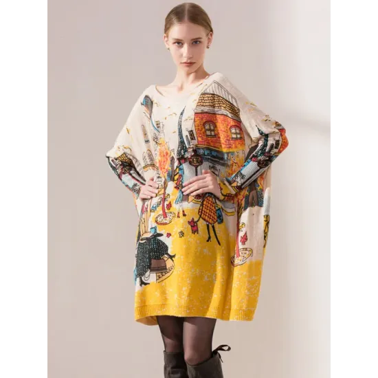 Original Loose Cartoon Printed Round-Neck Long Sleeves Sweater Dress Original Loose Cartoon Printed Round-Neck Long Sleeves Sweater Dress