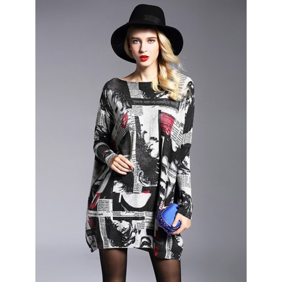 Urban Loose One-Shoulder Printed Split-Joint Sweater Urban Loose One-Shoulder Printed Split-Joint Sweater