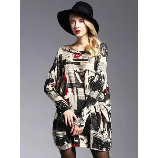 Urban Loose One-Shoulder Printed Split-Joint Sweater Urban Loose One-Shoulder Printed Split-Joint Sweater