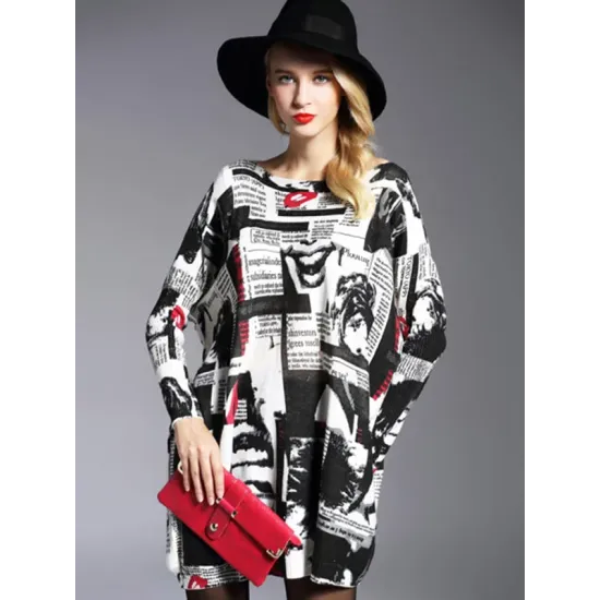 Urban Loose One-Shoulder Printed Split-Joint Sweater Urban Loose One-Shoulder Printed Split-Joint Sweater