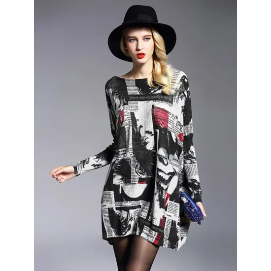 Urban Loose One-Shoulder Printed Split-Joint Sweater Urban Loose One-Shoulder Printed Split-Joint Sweater