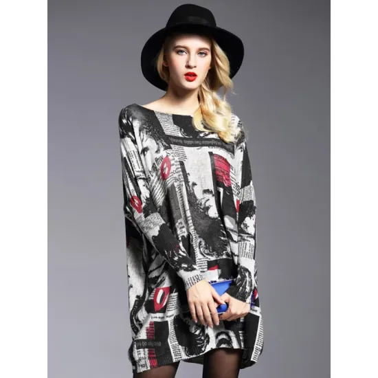 Urban Loose One-Shoulder Printed Split-Joint Sweater Urban Loose One-Shoulder Printed Split-Joint Sweater