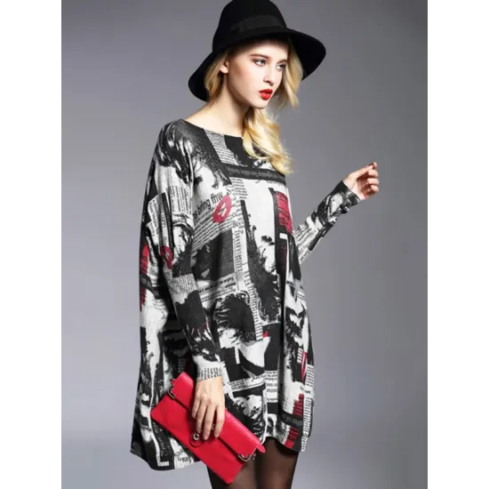 Urban Loose One-Shoulder Printed Split-Joint Sweater Urban Loose One-Shoulder Printed Split-Joint Sweater