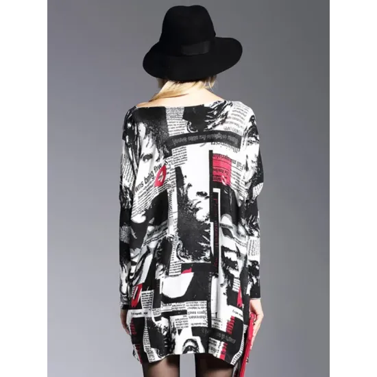 Urban Loose One-Shoulder Printed Split-Joint Sweater Urban Loose One-Shoulder Printed Split-Joint Sweater